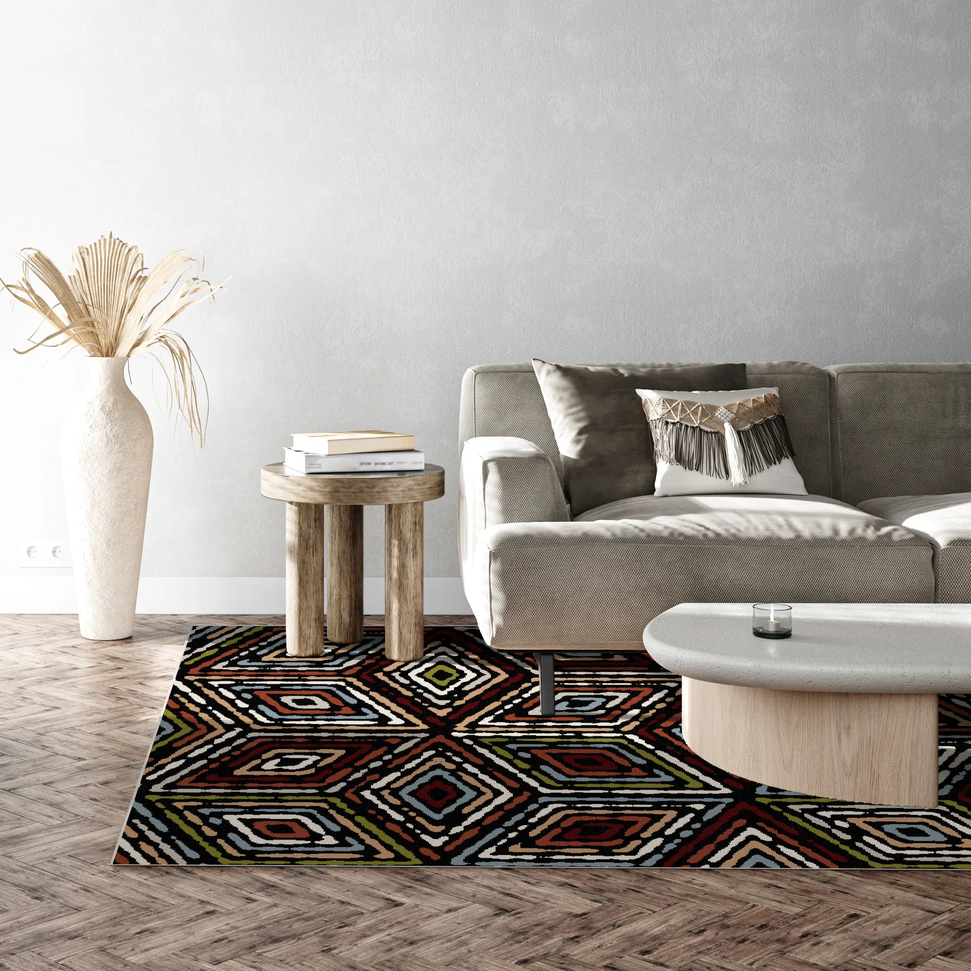 Яскравий червоно чорний килим з етно ромбами