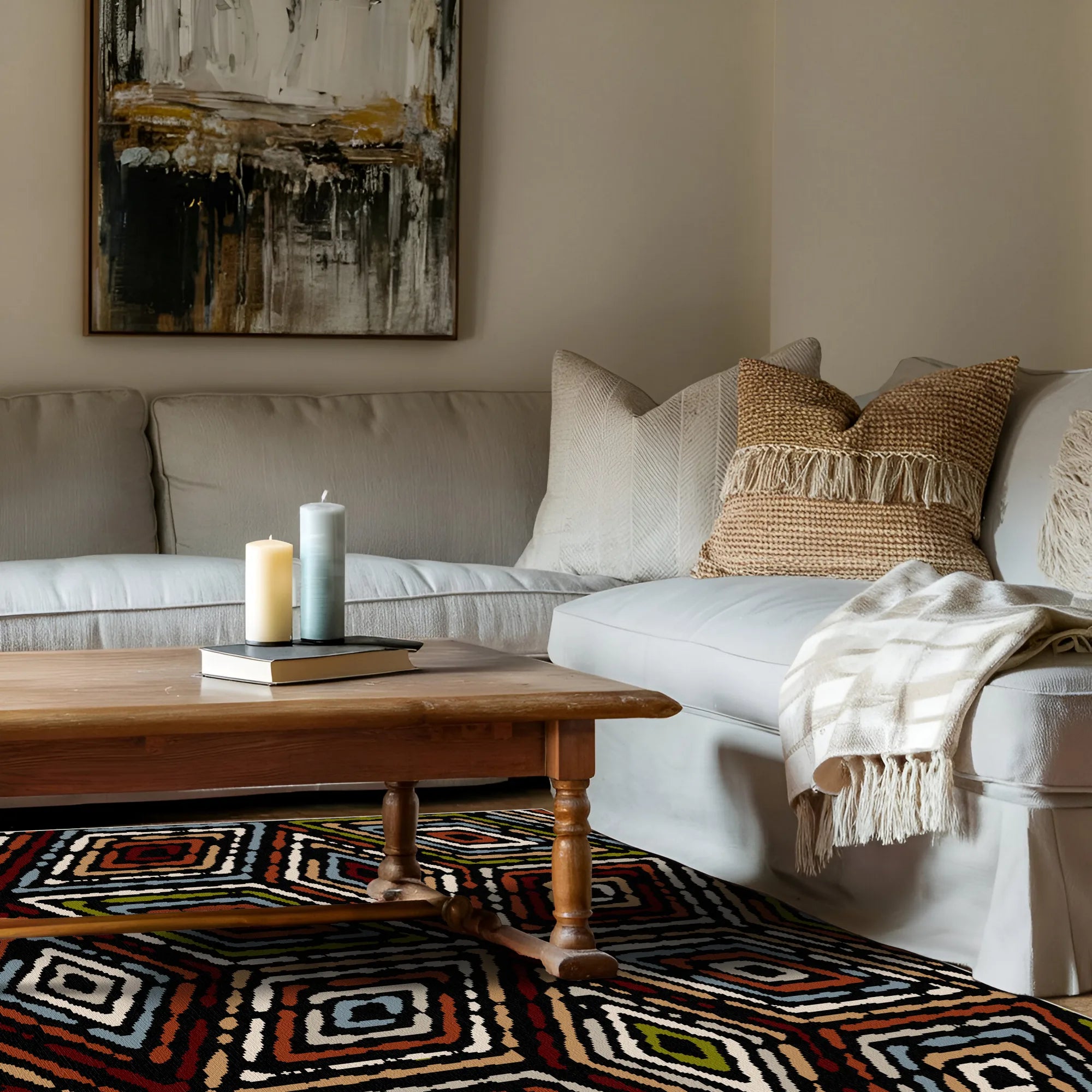 Яскравий червоно чорний килим з етно ромбами