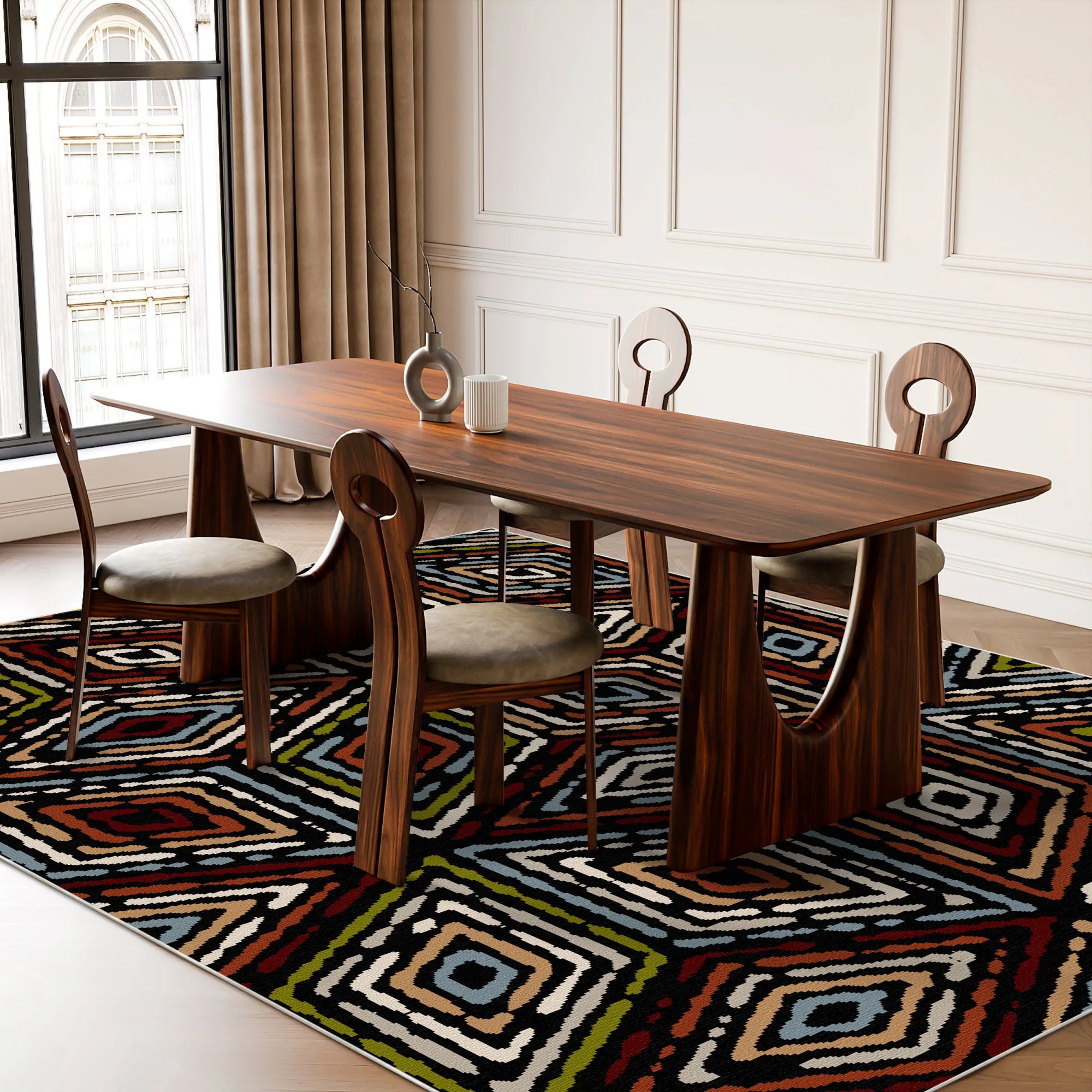 Яскравий червоно чорний килим з етно ромбами