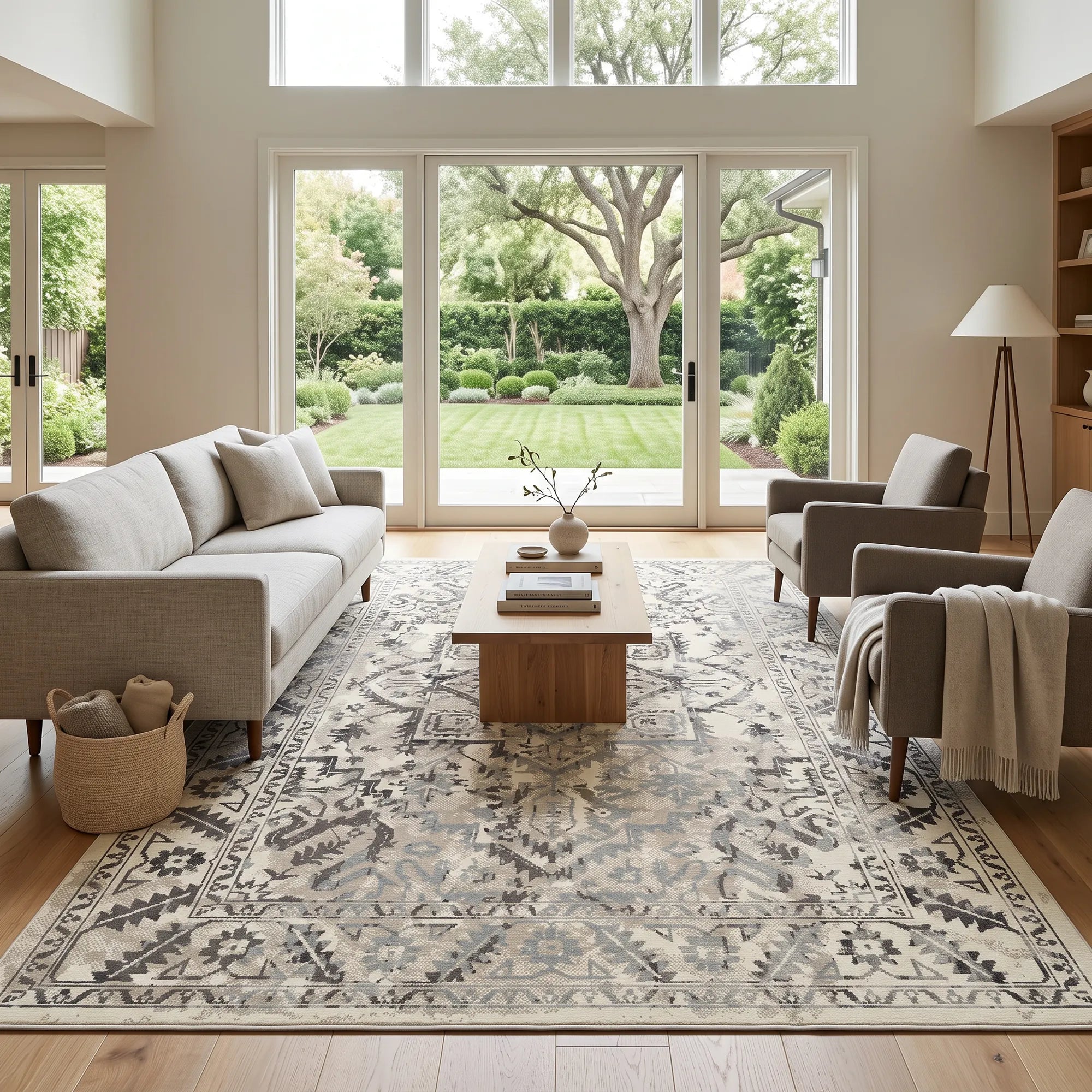 A large traditional-style area rug in beige, gray, and off-white tones is styled in a bright, modern living room with a light gray sofa, two armchairs, a wooden coffee table, and large windows overlooking a green garden.