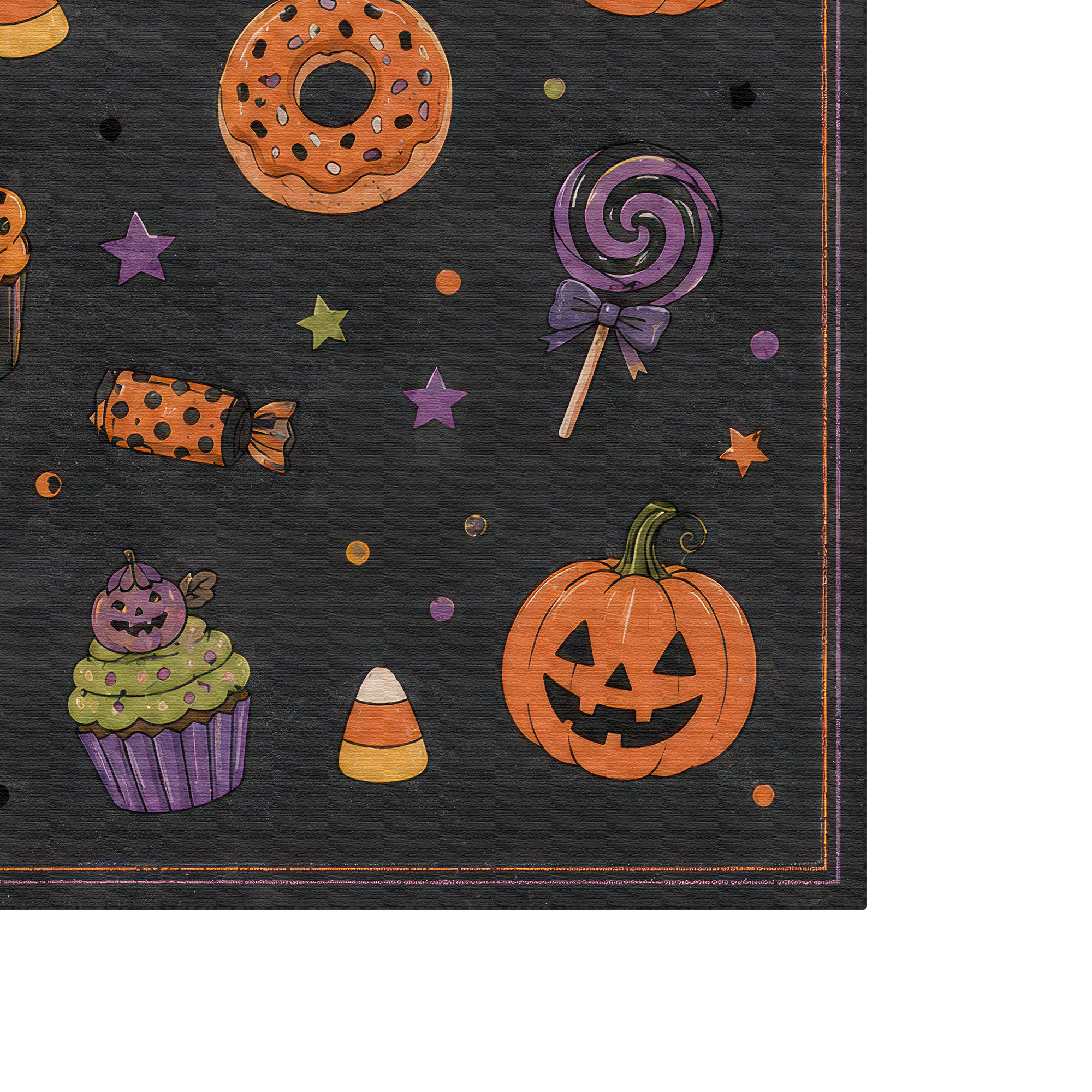 A close-up of a Halloween-themed printed rug, featuring an orange jack-o'-lantern, a purple lollipop, an orange donut, a cupcake, candy corn, stars, and dots on a dark charcoal background.