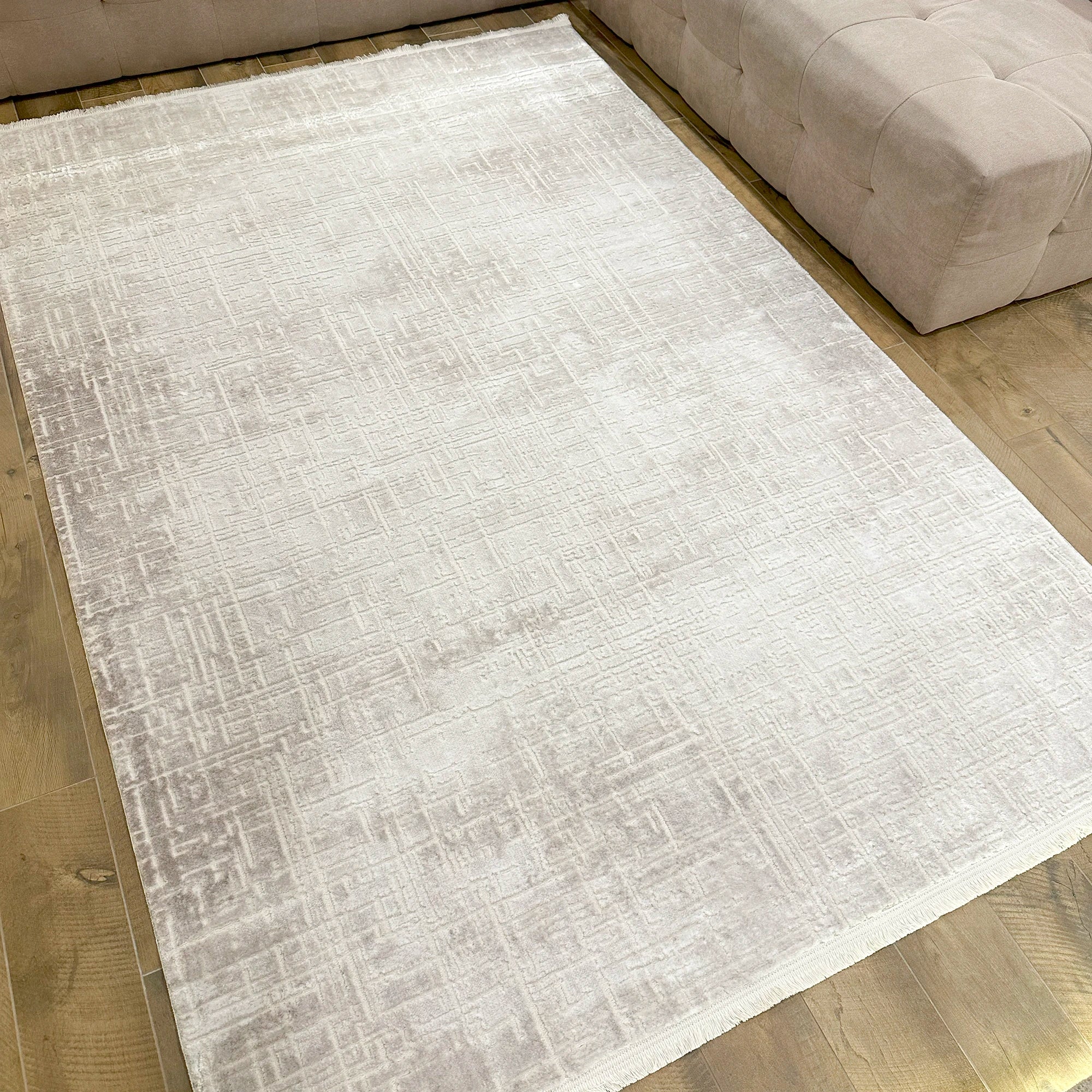 Сучасний текстурований килим Whisper Grid з абстрактним принтом | Бежевий