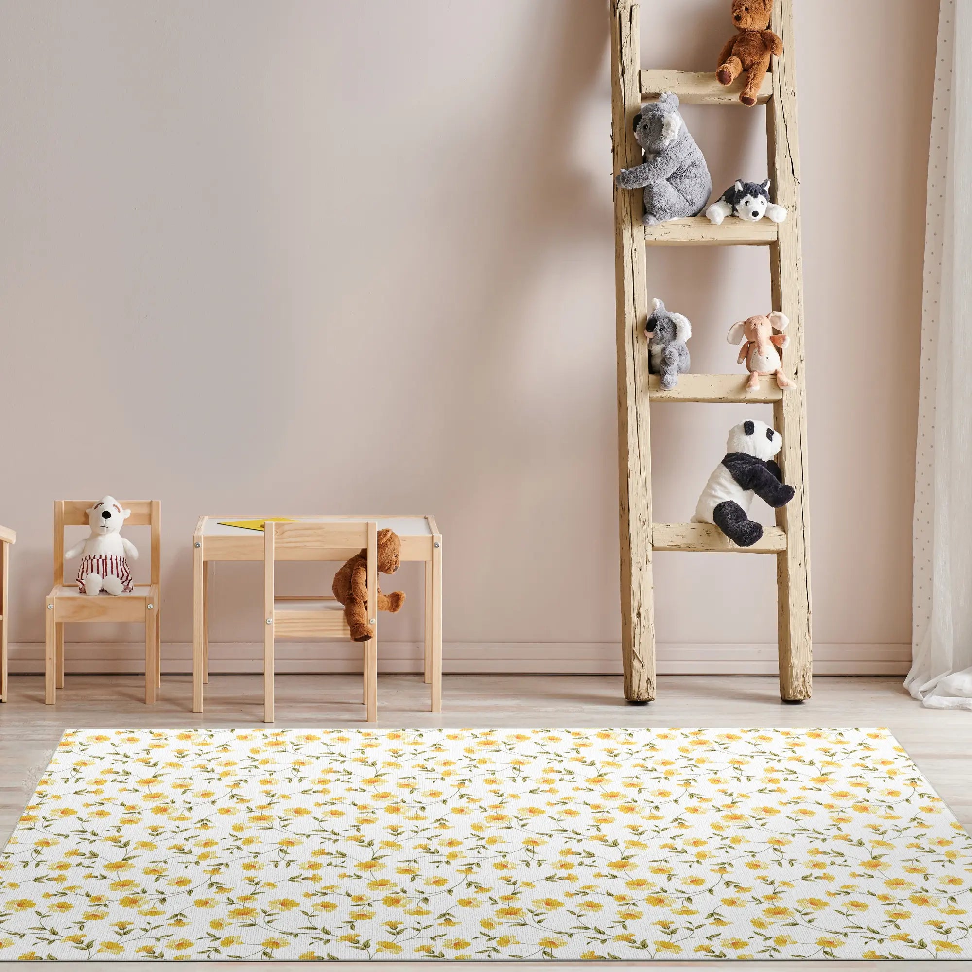 Children's room with wooden furniture, ladder, and stuffed animals on a floral rug.