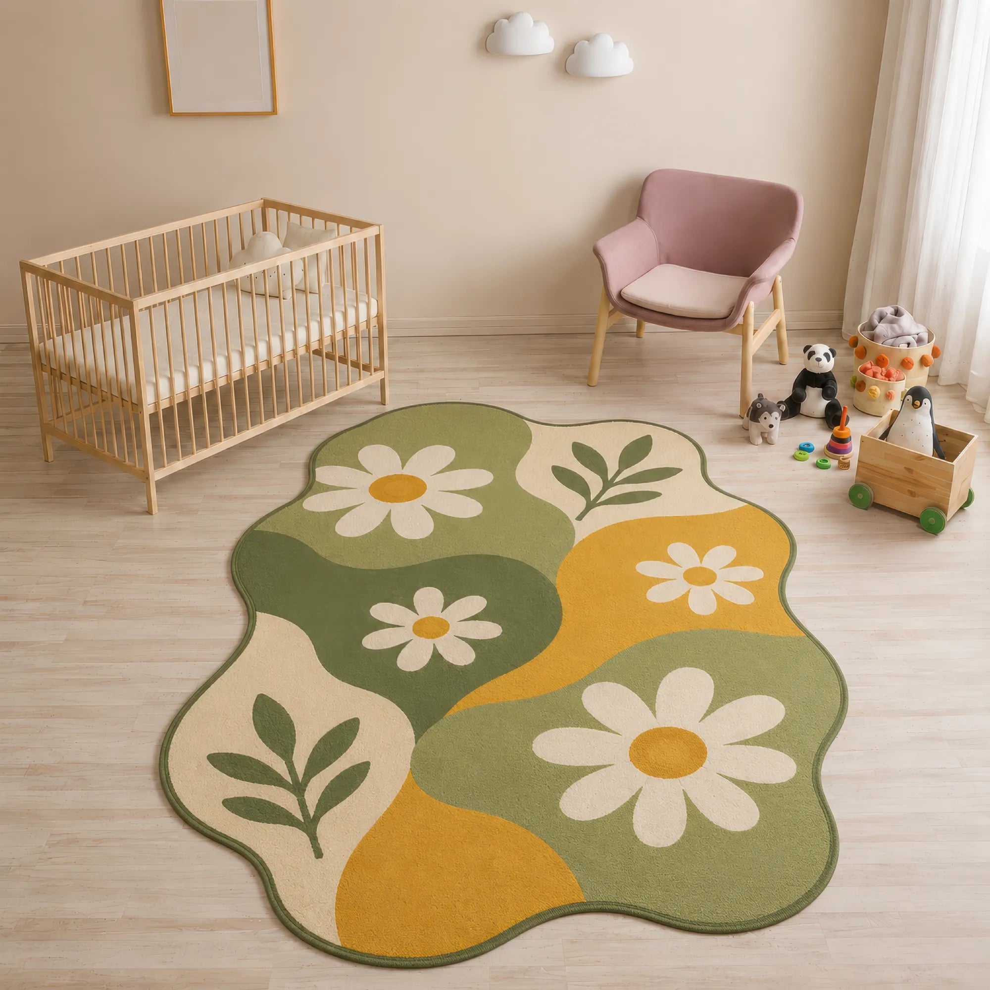 A scalloped area rug with a retro floral pattern in olive green, mustard yellow, and cream, styled in a modern baby nursery next to a wooden crib and a pink armchair.