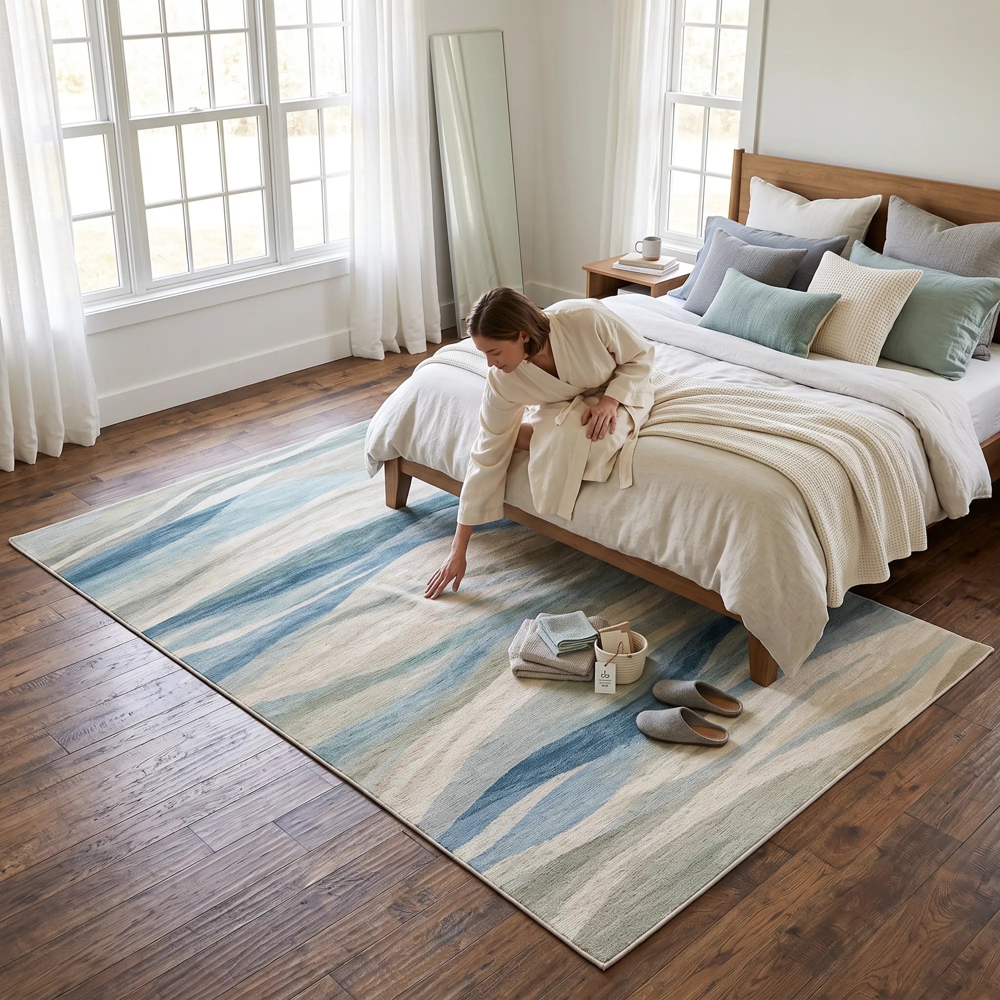 A woman in a cream robe kneels beside a bed in a bright bedroom, touching a large area rug with abstract blue, beige, and cream stripes on a dark wood floor.
