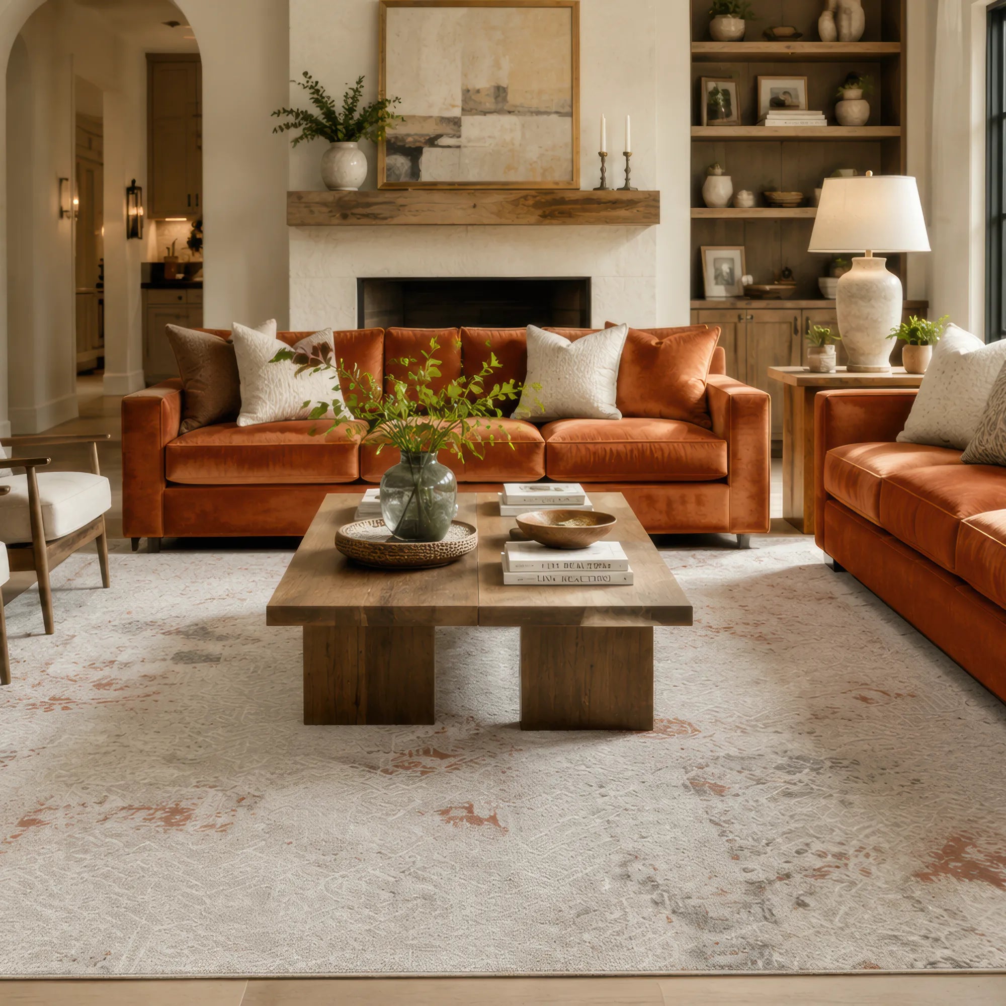 A styled living room featuring a large, distressed off-white area rug with subtle terracotta undertones, a rust-orange leather sofa, a matching coffee table, and a warm wood mantel in the background.