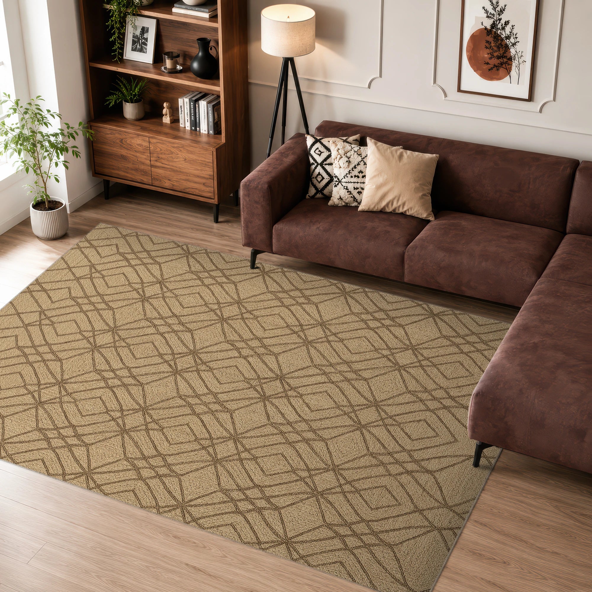 Living room with a brown sectional sofa, patterned rug, and wooden bookshelf.