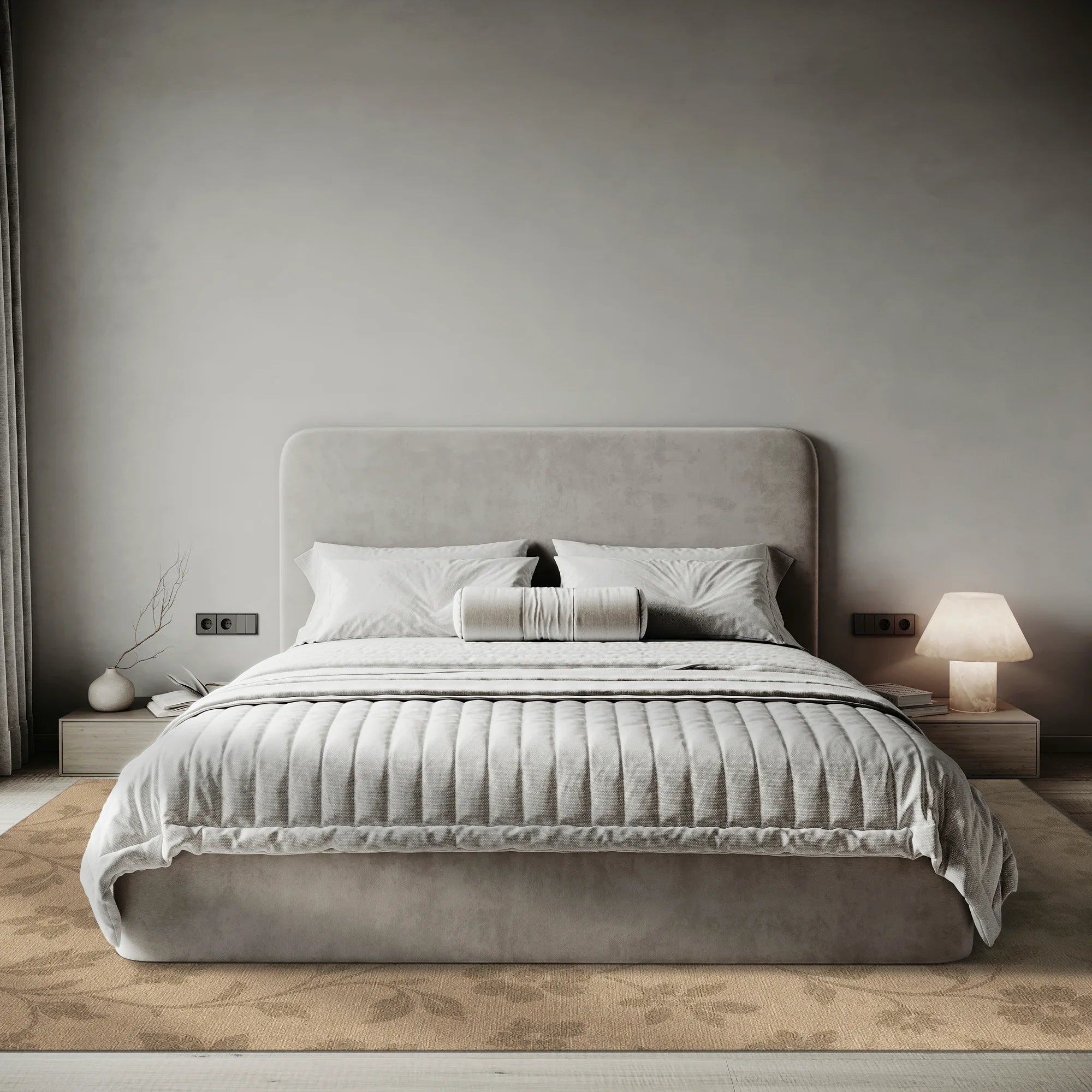 Modern bedroom with a gray bed and matching headboard against a neutral wall.