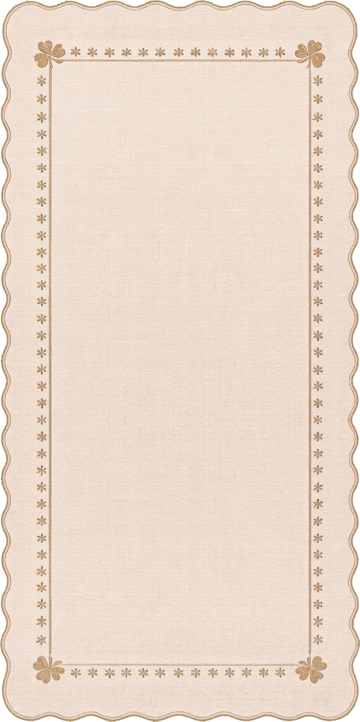 A rectangular cream-colored runner rug with a scalloped border and a decorative floral border pattern in a warm tan/beige color.