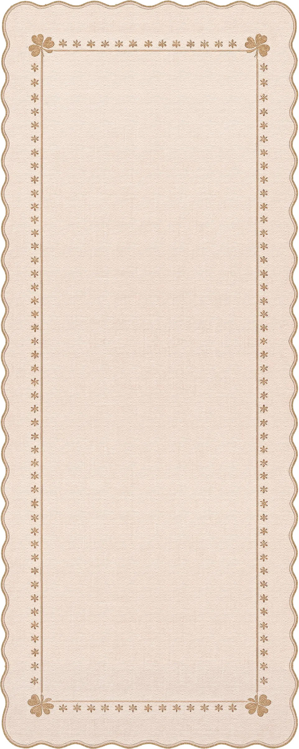 A rectangular cream-colored scalloped runner rug with a decorative border pattern of small flowers and dots.