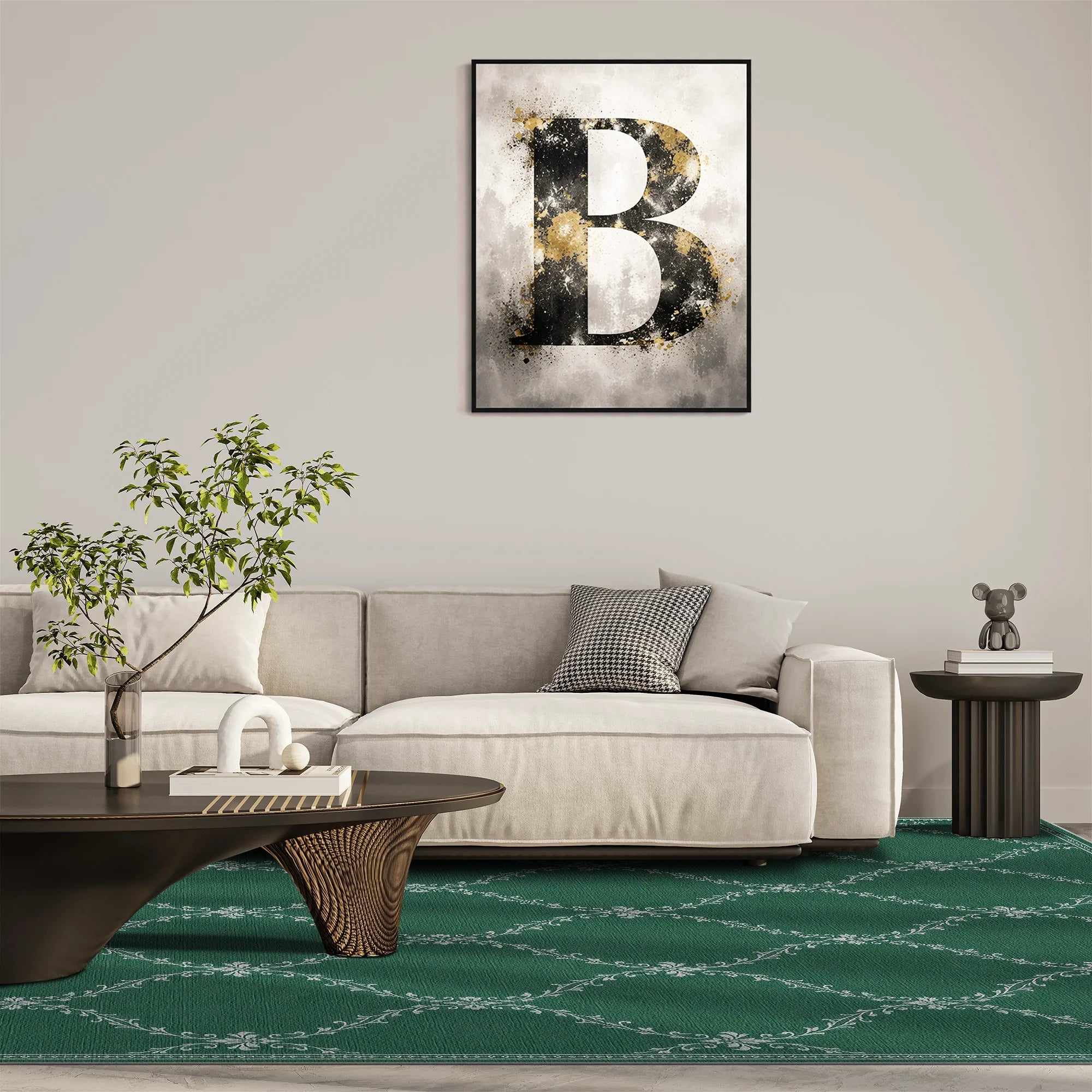 A green lattice area rug with a framed abstract wall art print featuring a large textured letter 'B' in black, white, and gold tones, displayed above a modern light beige sofa in a styled living room setting.