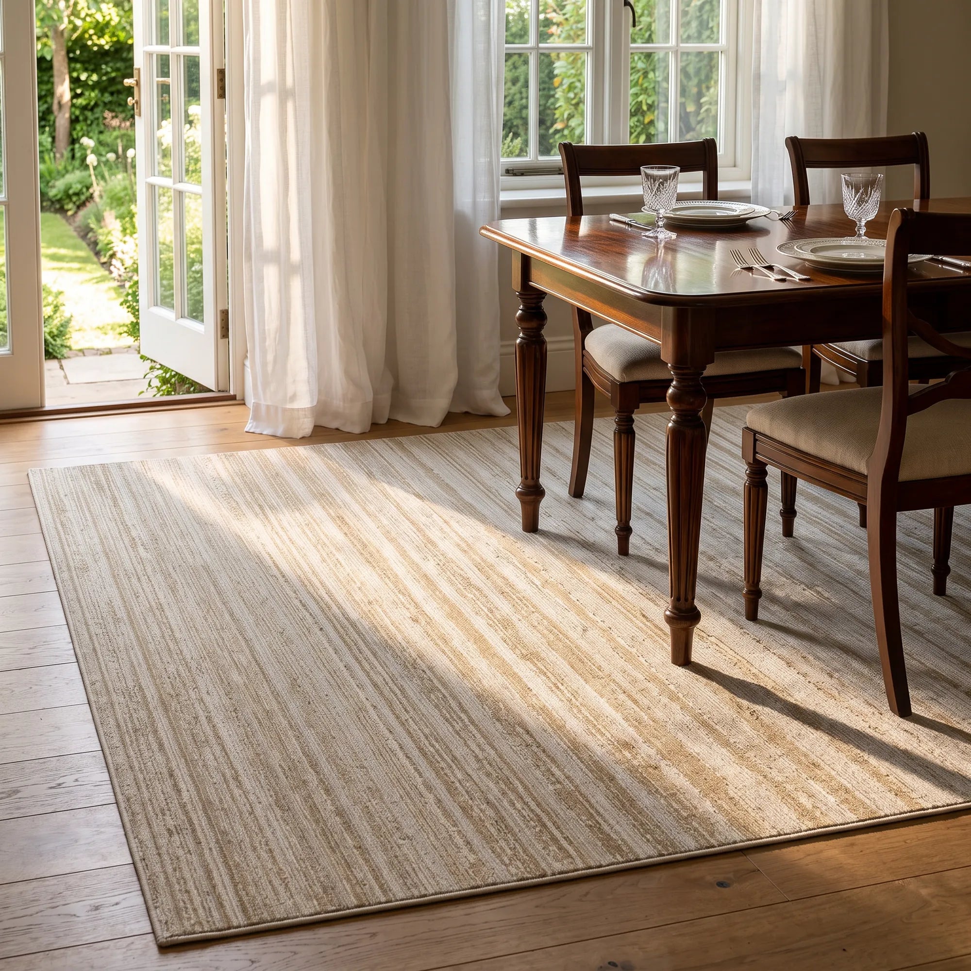 A large rectangular area rug in beige and cream tones with subtle horizontal texture, styled in a bright dining room under natural light from French doors, next to a dark wood dining table and chairs.