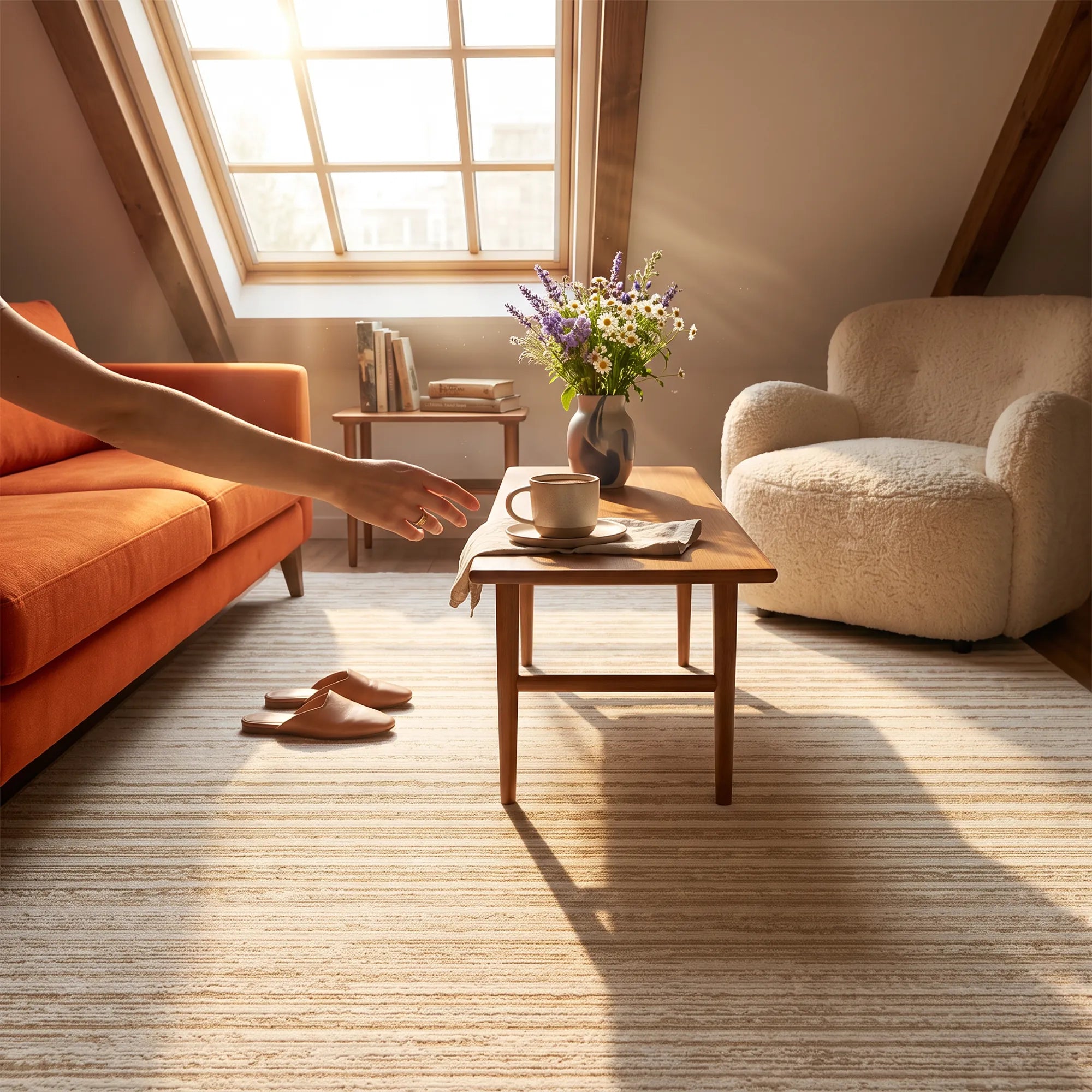 A cozy sunlit attic living room with a striped beige rug, an orange sofa, a cream boucle armchair, a wooden coffee table, and a vase of flowers. A person's arm and hand are visible reaching toward the table on the left.