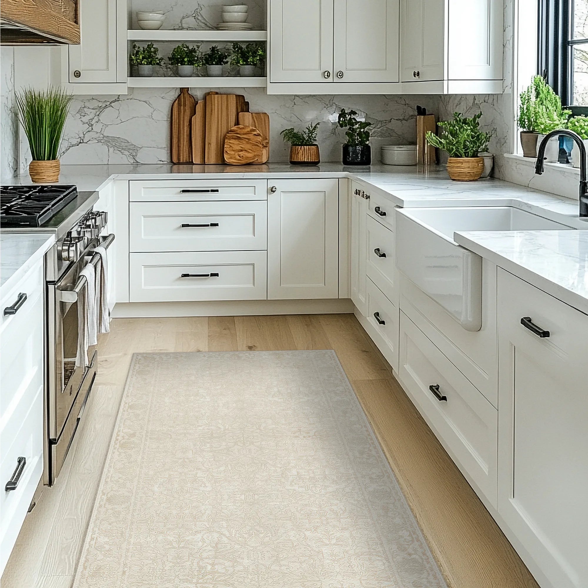 Modern kitchen with white cabinets, marble countertops, and a rug on the floor.
