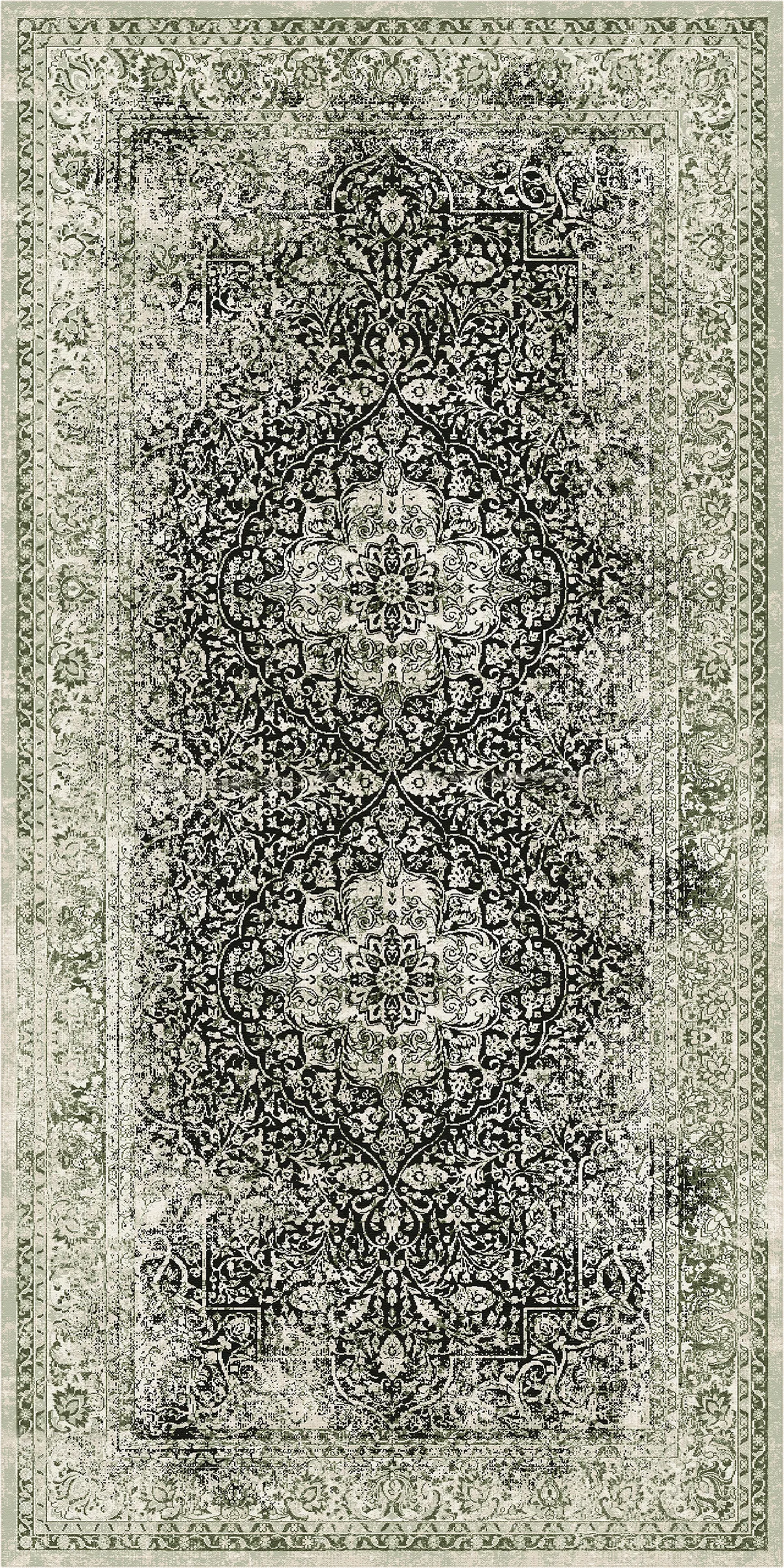 A rectangular area rug with an intricate distressed floral and medallion pattern in muted olive green, gray, and beige tones.