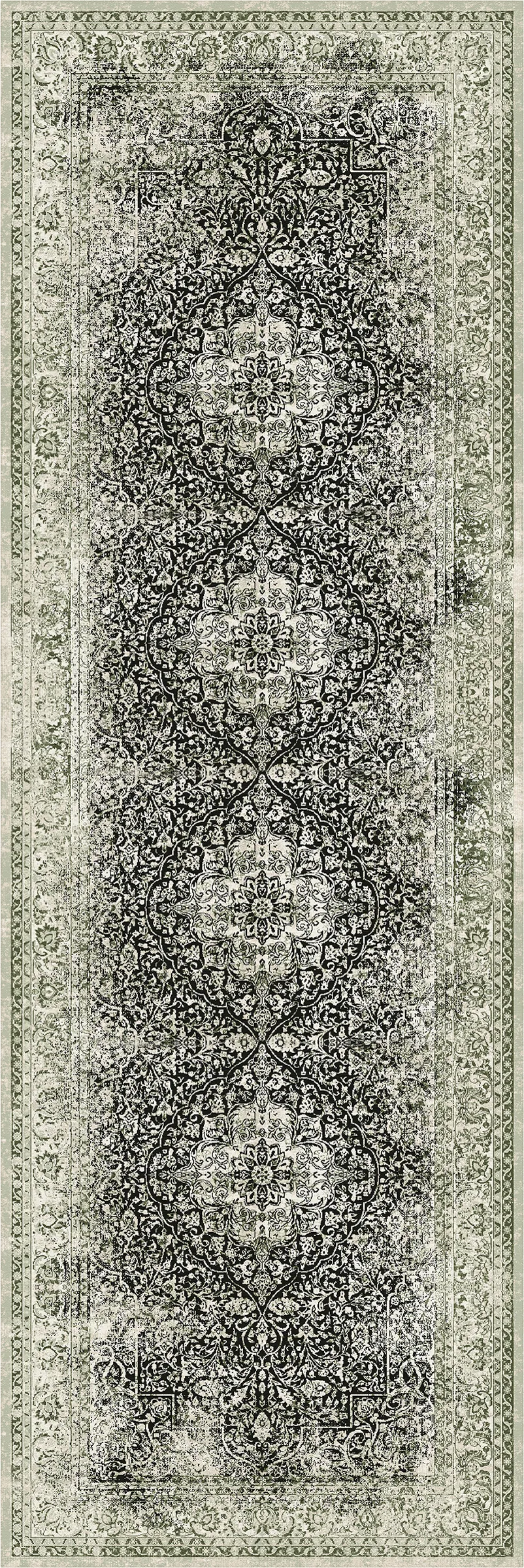 A long rectangular area rug with an ornate vintage-style floral medallion pattern in muted gray, beige, and olive-green tones.