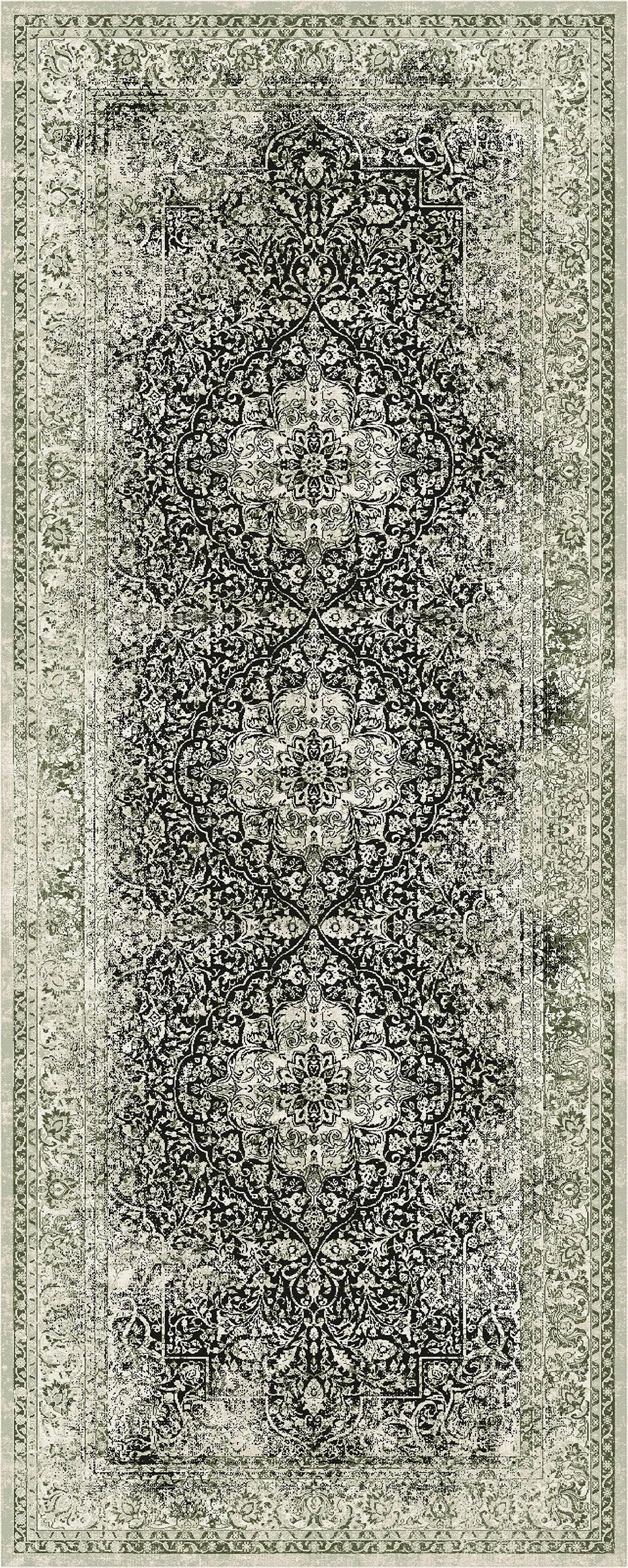 A rectangular area rug with an ornate traditional medallion pattern in faded black and gray over a warm beige background.