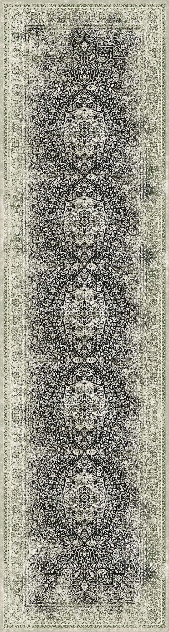 A long rectangular area rug with an ornate traditional floral pattern in muted gray, beige, and off-white tones, shown flat against a white background.