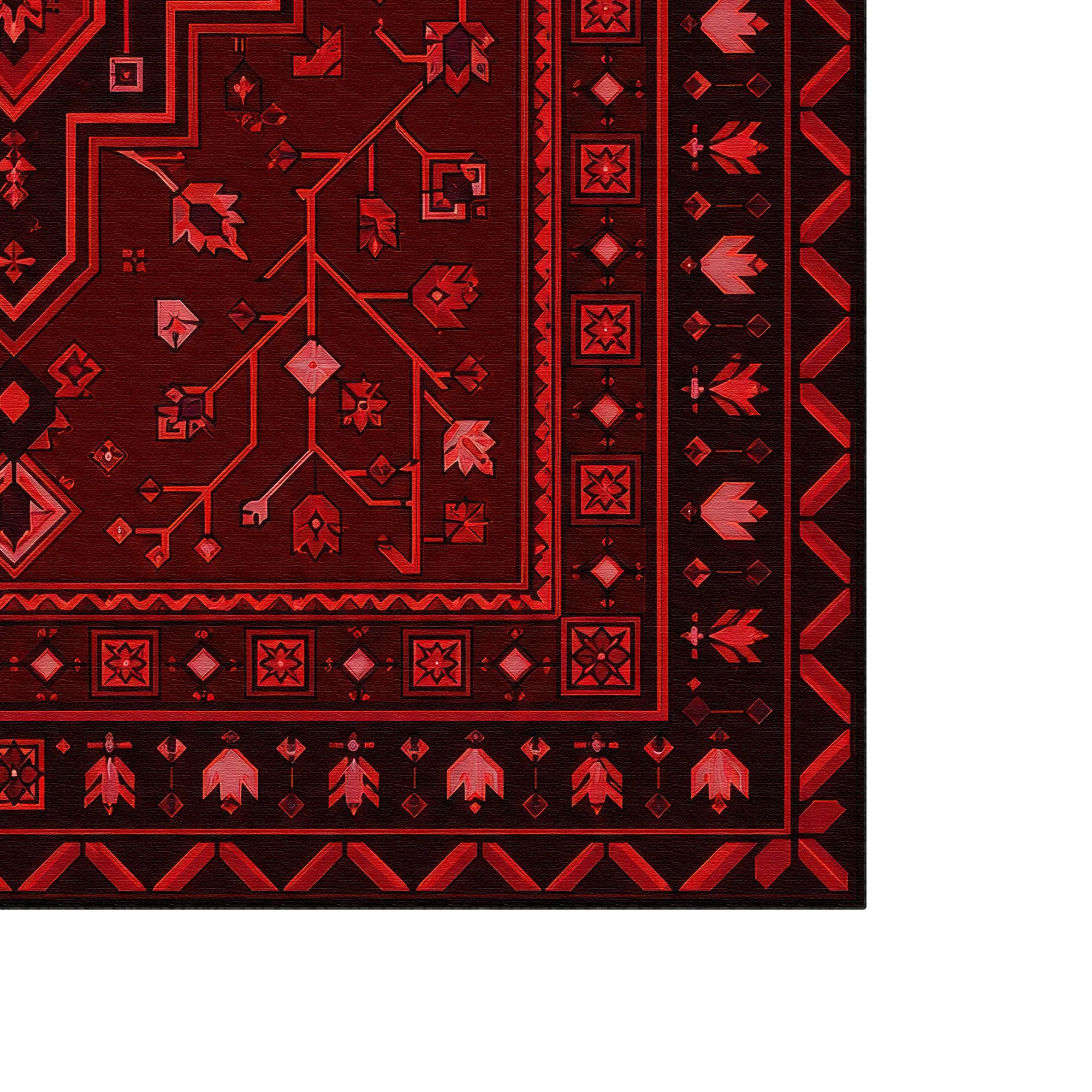 A close-up of a patterned rug corner showing a deep red field with intricate geometric and floral motifs in red, pink, and black, bordered by a black section with red geometric patterns.