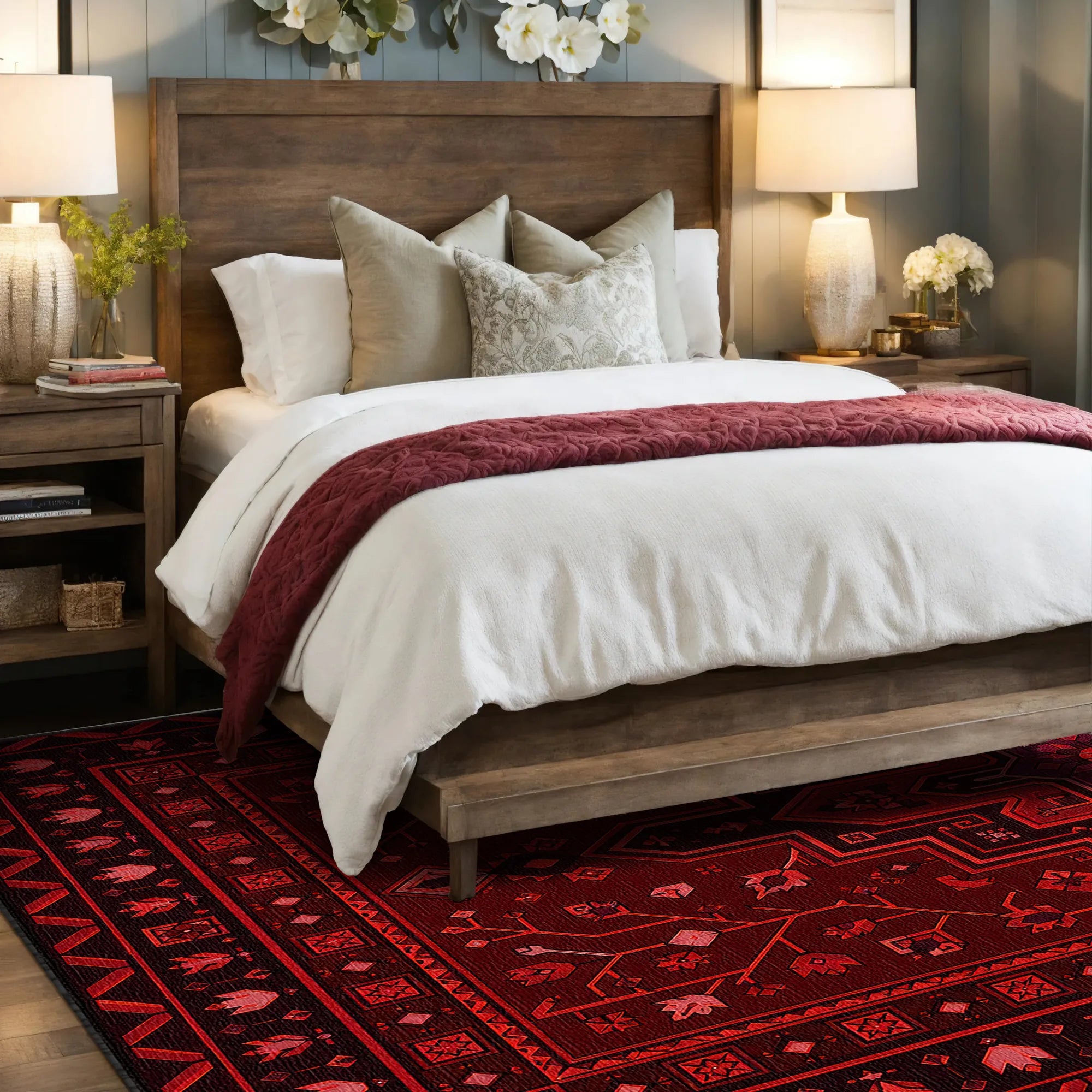 A modern red area rug with a styled bedroom scene featuring a wooden bed dressed in white bedding with a deep red throw blanket, set on a dark red patterned area rug. The bed is flanked by matching wooden nightstands with lit table lamps, and the background shows a blue-gray paneled wall with floral decor.
